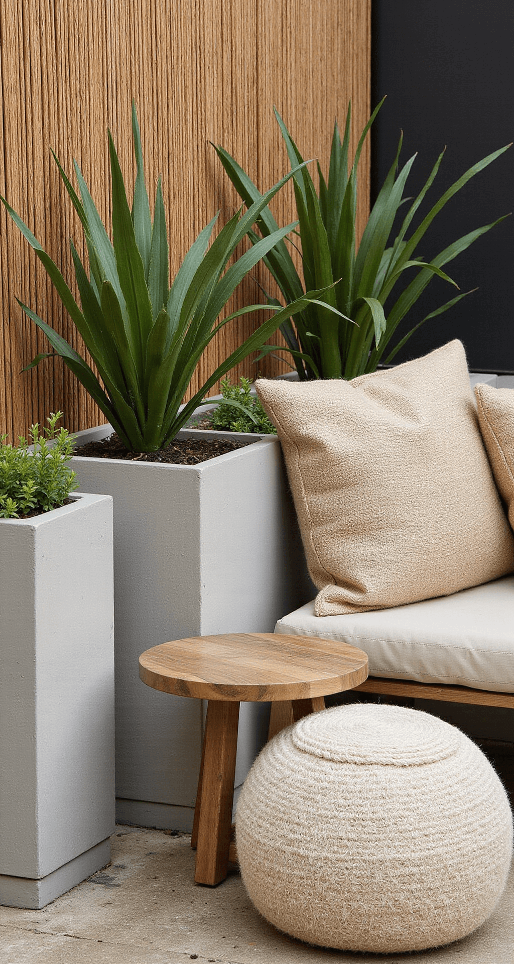 Morning garden scene with brushed concrete planter walls, bamboo privacy screen, layered beige woven pillows, a jute pouf, and a weathered teak table surrounded by lush plants, showcasing natural textures and soft lighting.