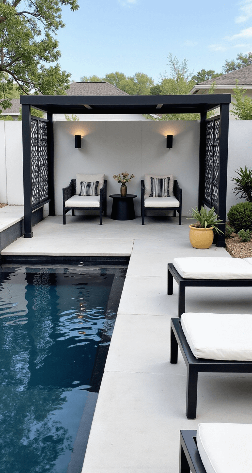 Modern poolside retreat with a sleek linear pool, white mesh chaise lounges, a black and white striped cabana, and geometric privacy walls with contemporary sconces, captured in bright midday light.