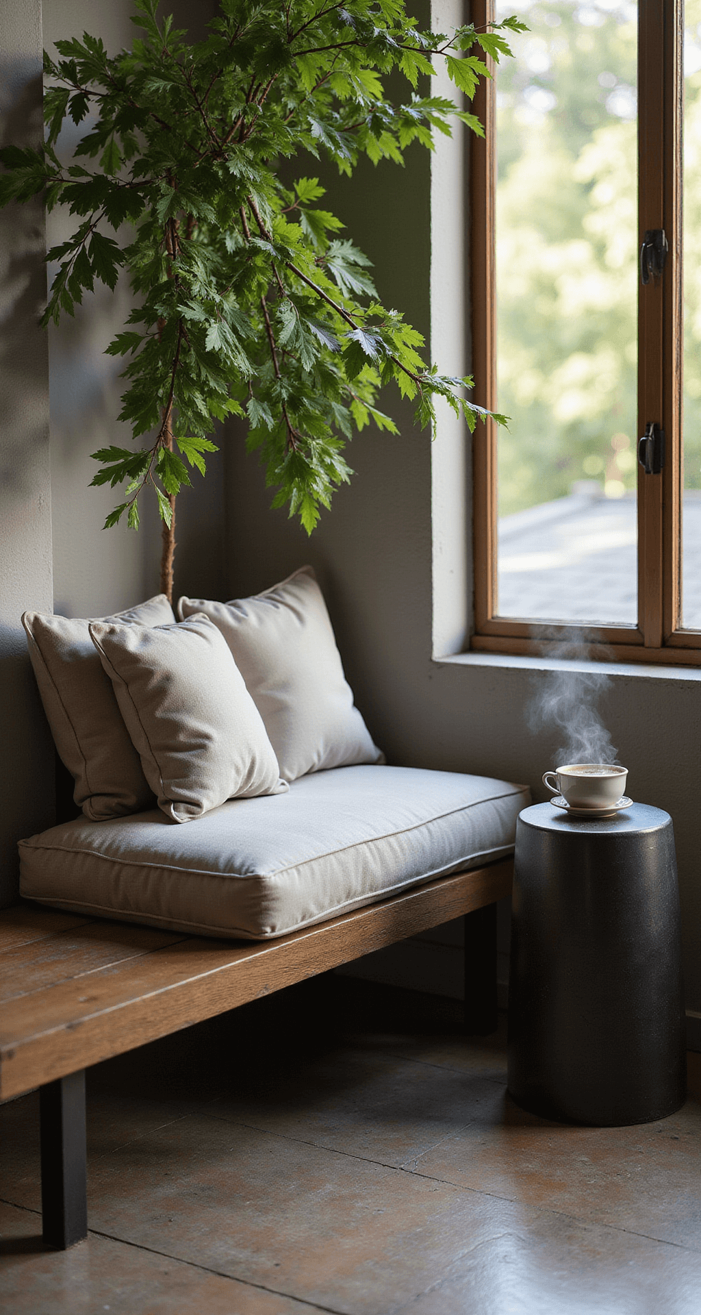 Cozy morning coffee nook featuring a built-in concrete bench with floating wooden seat, neutral waterproof cushions, a minimalist black steel side table, and a large ceramic planter with a Japanese maple, bathed in soft sunrise light.
