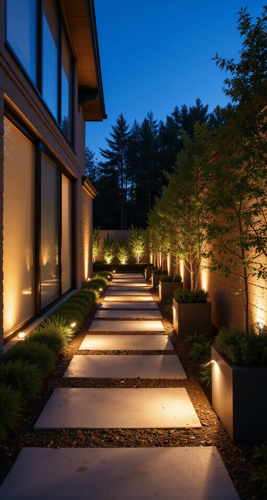 Enchanting nighttime garden with warm LED path lights illuminating geometric pavers, floating orb lights of varying sizes, backlit frosted glass privacy panels, and modern planters with integrated lighting highlighting architectural plants.