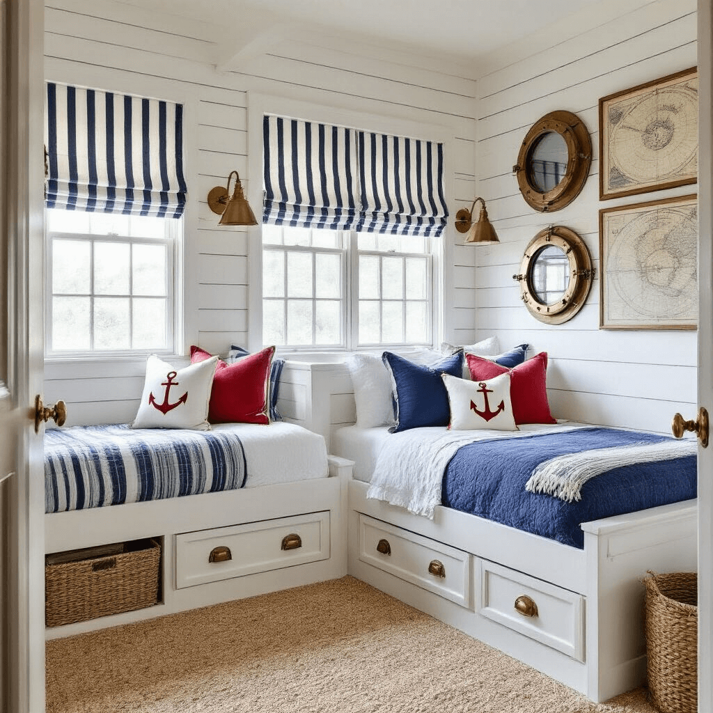 A lively nautical-themed bedroom with white shiplap walls, navy and white striped Roman shades, classic stacked bunks in distressed white wood, accented by vintage maritime maps and brass porthole mirrors, featuring bedding in navy, white, and red with rope and anchor motifs, illuminated by soft morning sunlight.