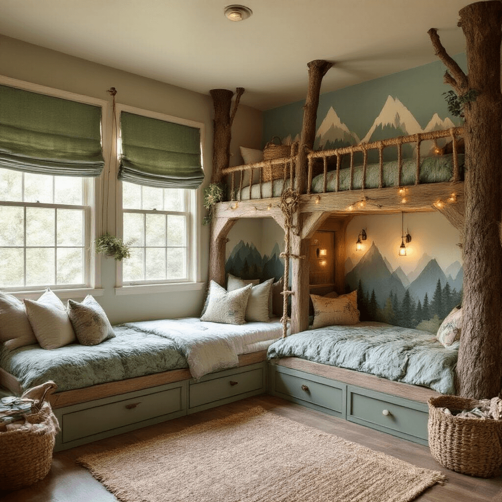 A charming forest-inspired adventure room featuring treehouse-style built-in bunks, hand-painted mountain murals, and warm golden light filtering through green roman shades, creating a whimsical and natural atmosphere filled with textured decor.