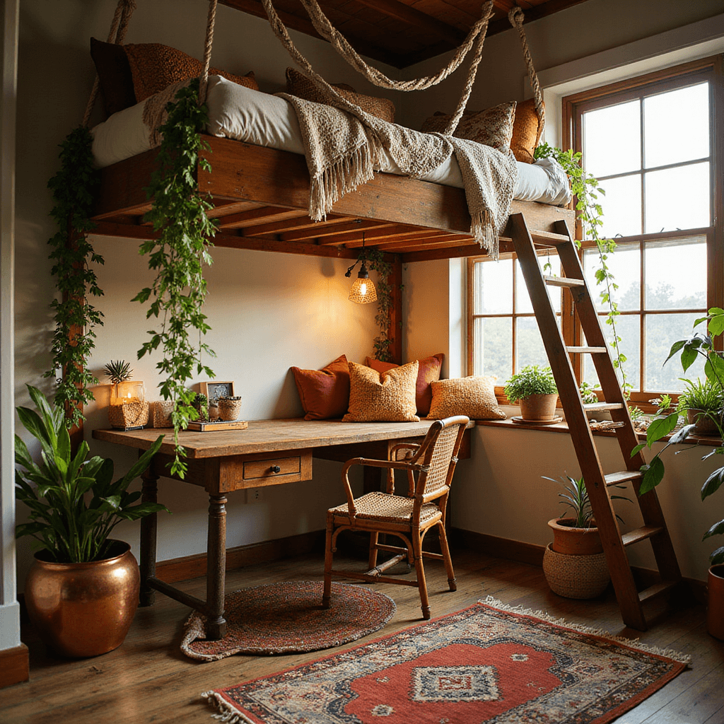 A warm and inviting teen bedroom showcasing a lofted bed with macramé accents, a vintage-style desk, and a rattan chair in a study corner. The space is enriched with cascading greenery in copper pots, layered Moroccan rugs on wooden flooring, and textured cushions in earthy tones, illuminated by natural golden hour light and pendant lamps.