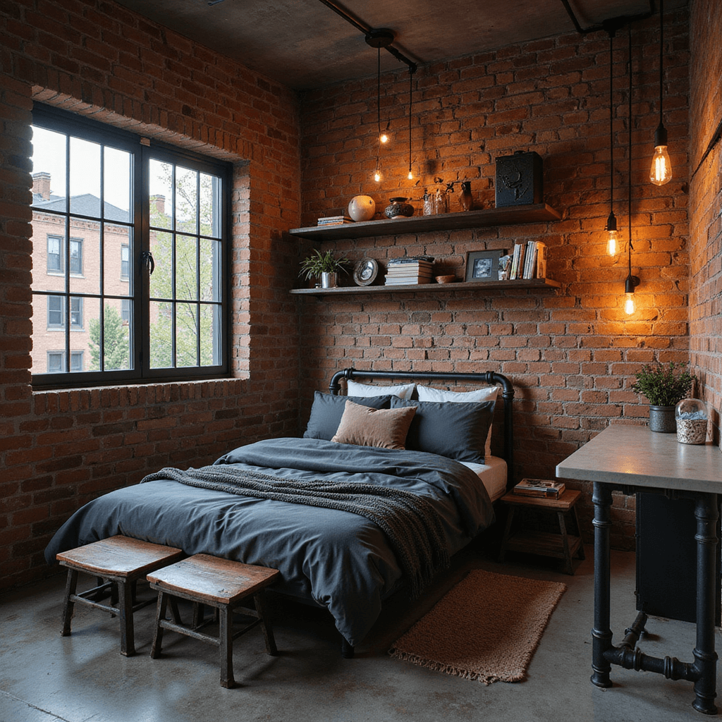 An industrial-inspired teen bedroom with an exposed brick wall, metal-framed bed dressed in charcoal linens, and pipe-style shelving filled with books. A concrete desk complements the look, illuminated by warm Edison bulbs, all captured in moody dusk lighting with a palette of grays, blacks, and warm metallics.