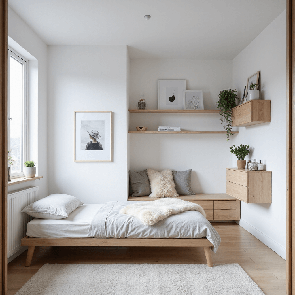 Bright Scandinavian-inspired teen bedroom featuring white walls and pale pine furnishings, including a low-profile bed, floating shelves, a cozy reading nook with a sheepskin throw, and a black-and-white photo gallery wall. The image is taken from the doorway, highlighting clean lines, open space, and an airy ambiance.
