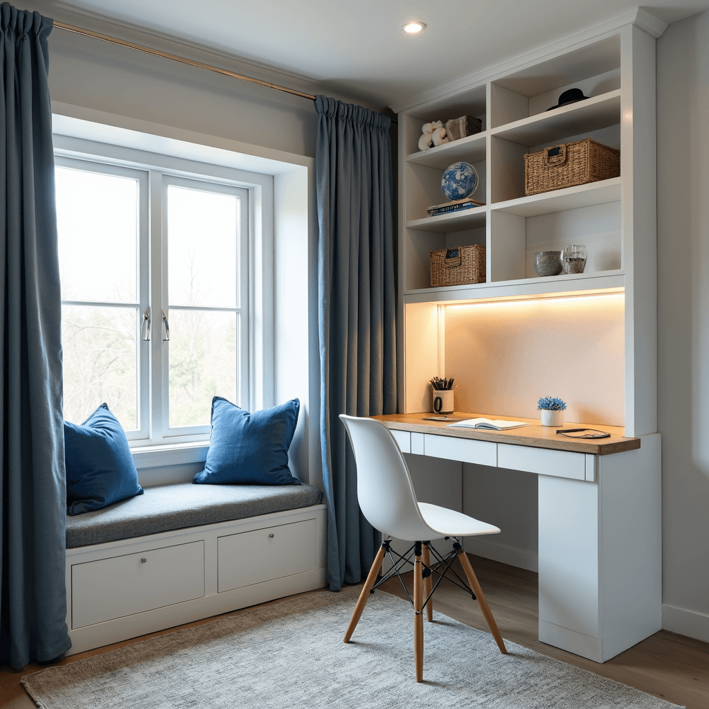 A modern teen bedroom featuring built-in storage, a window seat with hidden compartments, a foldable Murphy desk, and modular cube storage in glossy white lacquer. The room is bathed in natural light and accented with cool blue and warm gray tones.