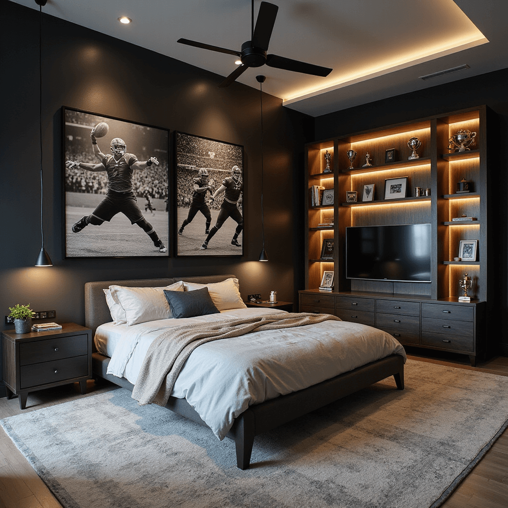 Innovative Boy Bedroom Ideas That Evolve with Your Child Modern bedroom with charcoal accent wall, large sports photography, geometric shelving in team colors, queen bed with performance fabric headboard, LED lighting, and hexagonal wall tiles.