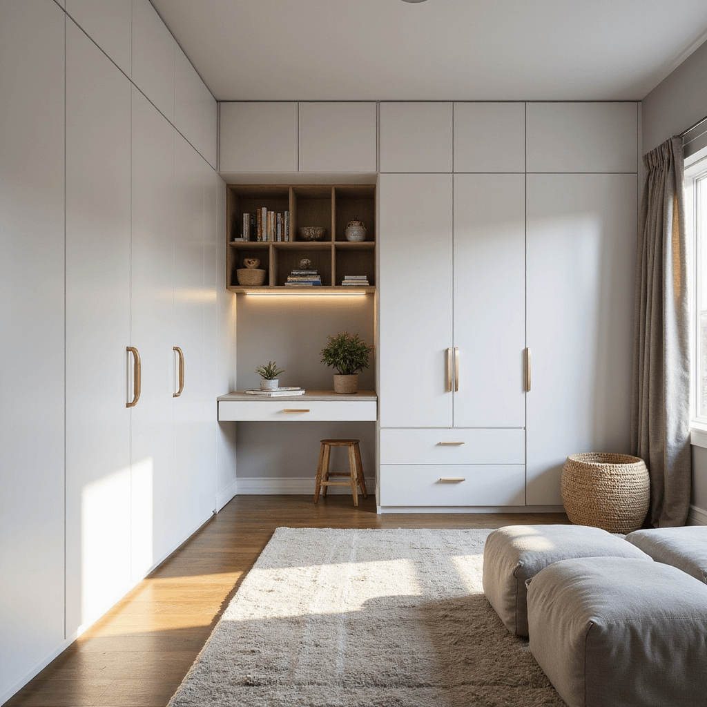 Innovative Boy Bedroom Ideas That Evolve with Your Child Bright bedroom with floor-to-ceiling modular closet, hidden Murphy desk, geometric storage ottomans, integrated LED lighting, and natural morning light.