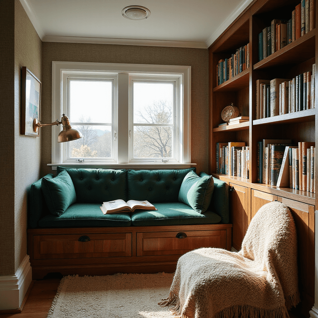 Innovative Boy Bedroom Ideas That Evolve with Your Child Inviting reading nook with built-in window seat, green velvet cushions, floating walnut shelves with books, vintage brass lamp, grasscloth wallpaper, and wool throw.