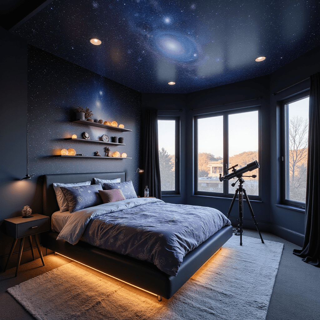 Innovative Boy Bedroom Ideas That Evolve with Your Child Space-themed bedroom with navy walls, hand-painted galaxy mural, platform bed with cosmic bedding, telescope by blackout windows, glowing planetary models, and astronaut pendant light.