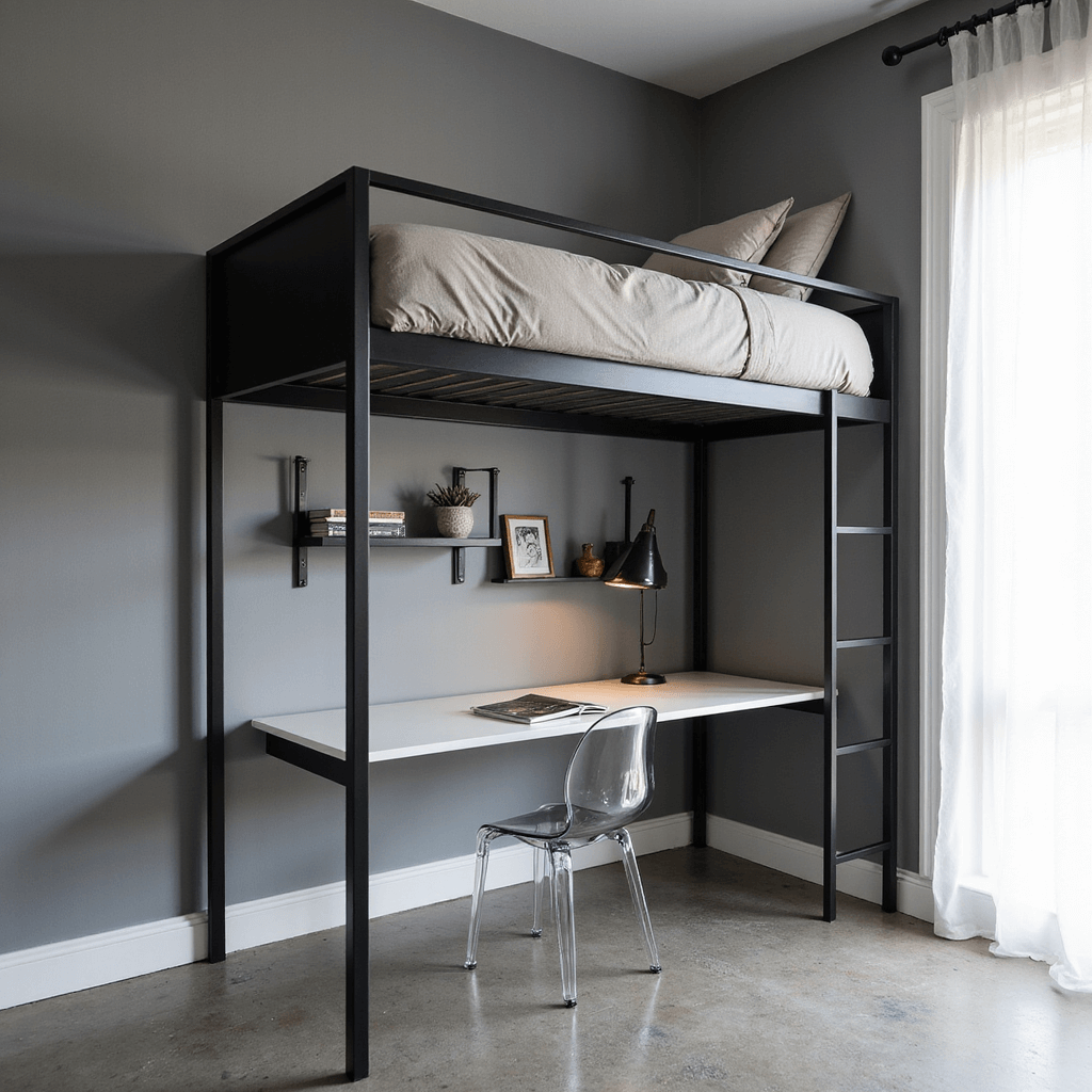 Sleek minimalist bedroom featuring a raised twin loft bed with a workspace below, including a slim white desk and clear ghost chair; soft gray walls with white trim; grid-style floating shelves; smoky glass pendant lighting; concrete-look flooring; gentle morning light filtering through sheer curtains.