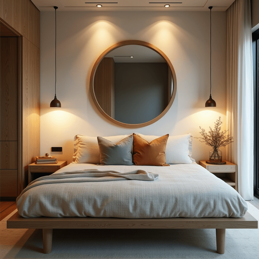 Inviting bedroom with a cream boucle daybed adorned with vintage terra cotta and sage pillows, warm recessed lighting, bleached oak nightstands, textured white wallpaper, and a large round mirror reflecting a modern coastal vibe.
