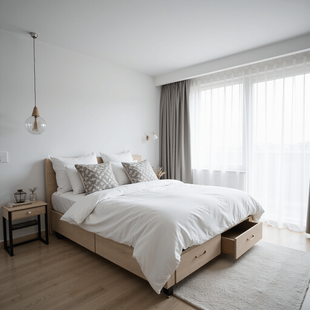 Modern 10x10 ft bedroom filled with natural light, featuring an all-white color scheme accented by black metal and pale wood tones. The queen bed includes hidden storage and is dressed in white linens with geometric pillows. A slim console doubles as a dresser, topped with minimalist decor, while sheer curtains gently diffuse sunlight. The image highlights Scandinavian minimalism with Japanese influences.