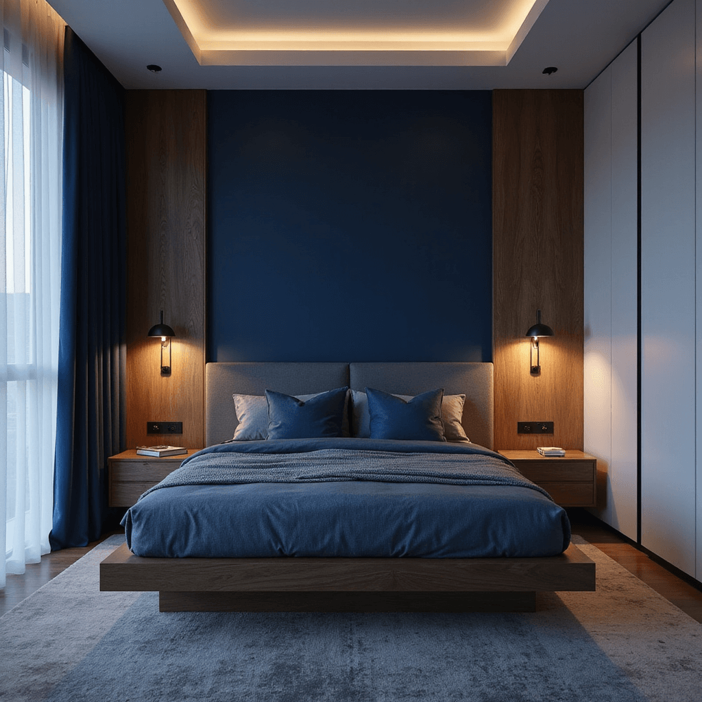 Dramatic bedroom at dusk featuring a deep navy accent wall behind a platform bed with walnut nightstands, layered blue tones, modern wall sconces, glossy white storage towers, captured from an elevated angle with moody lighting.