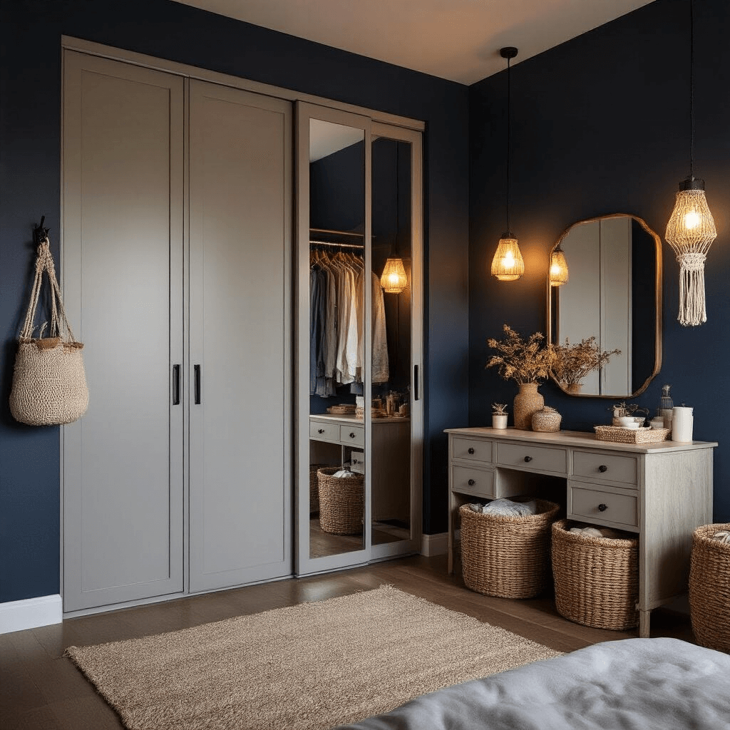 Cozy bedroom with pearl gray mirrored wardrobes, ambient LED lighting, woven baskets, and a deep navy accent wall, creating a moody and inviting atmosphere.