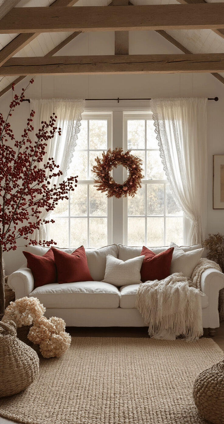 Cozy cottage living room with exposed wooden beams and an 8ft Christmas tree decorated in rustic red and gold, featuring berry picks and vintage-style ornaments.