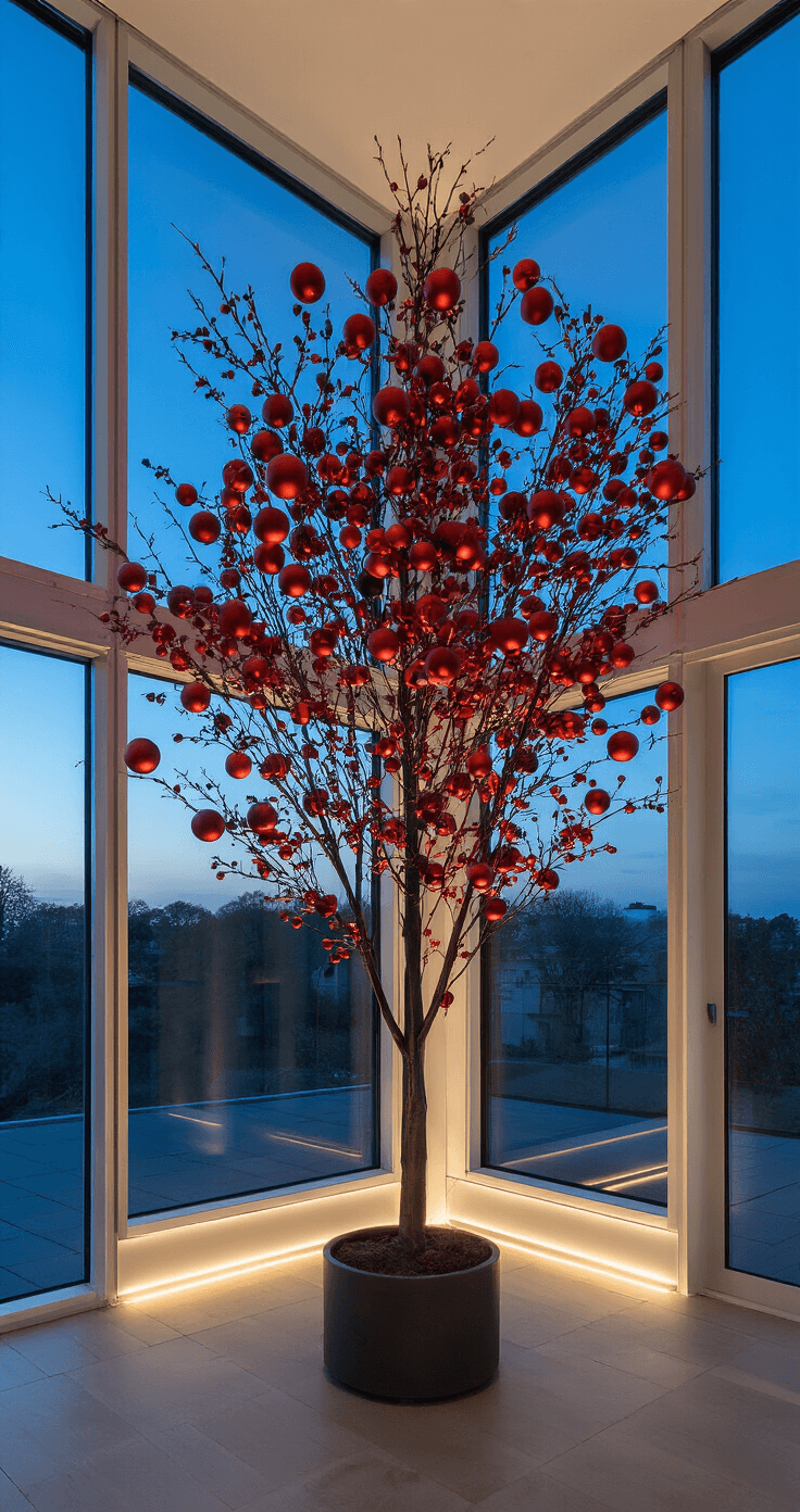 Modern open-concept room featuring a 9ft Christmas tree decorated with matte crimson and metallic copper ornaments, highlighted by twilight lighting.