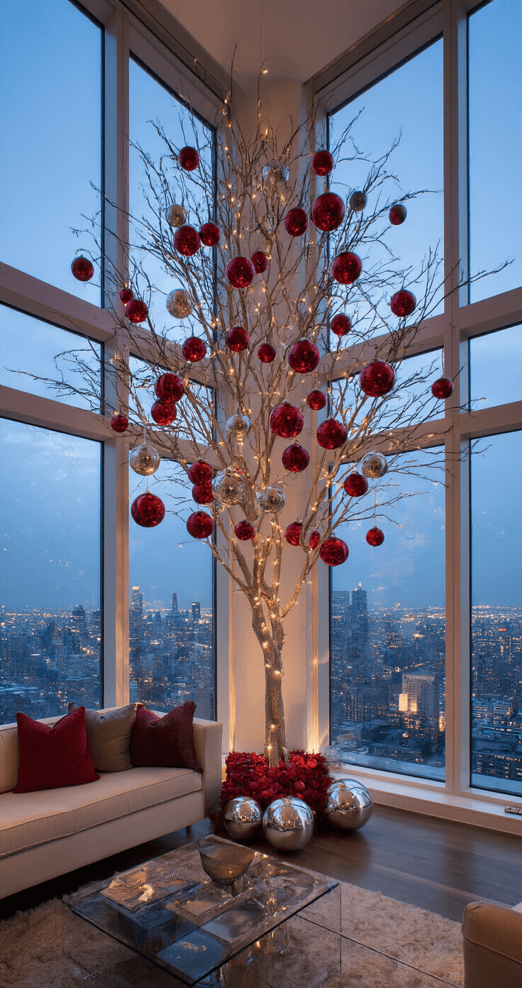 Luxurious penthouse great room with a 10ft slim Christmas tree adorned with red ornaments and mercury glass balls, illuminated by city lights at dusk.