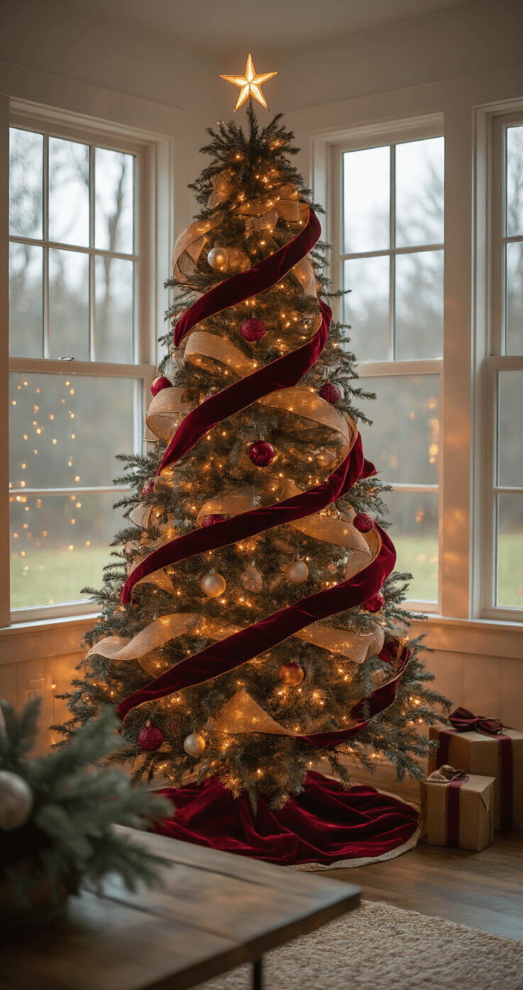 Modern farmhouse living room with a 7ft Christmas tree decorated with burgundy velvet and metallic copper ribbons, glowing under warm LED lights.