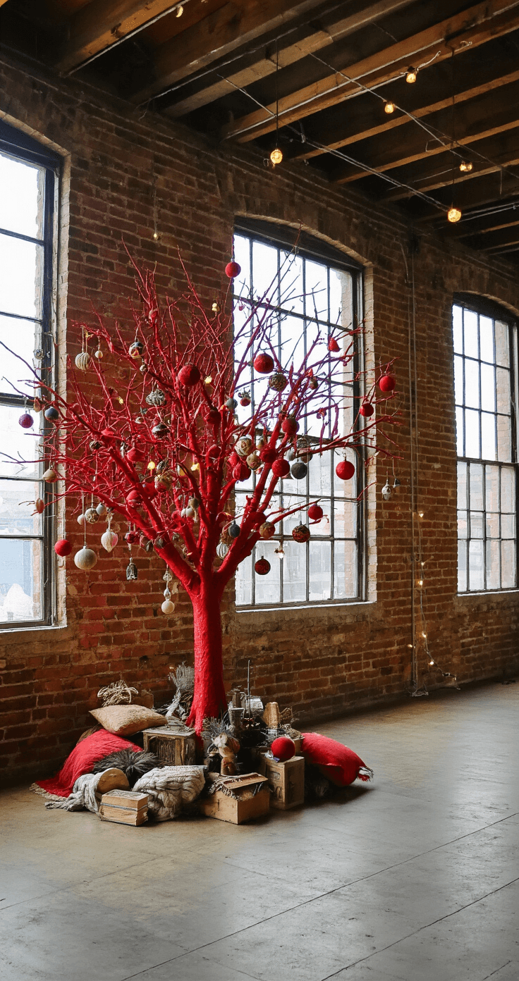 Bohemian loft with exposed brick and industrial windows, featuring a 7.5ft Christmas tree decorated with unique red ornaments, vintage baubles, and artisanal touches.