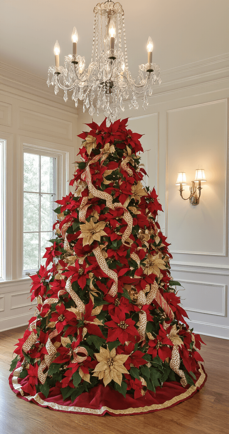 Elegant formal living room with an 8.5 ft Christmas tree decorated in deep red and gold, featuring oversized poinsettias and cascading ribbons.
