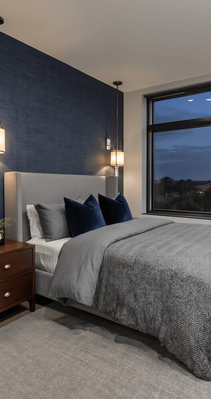 Grey Bedroom Ideas: Transform Your Space with Sophistication and Style Masculine bedroom with grey upholstered bed and navy grasscloth wallpaper