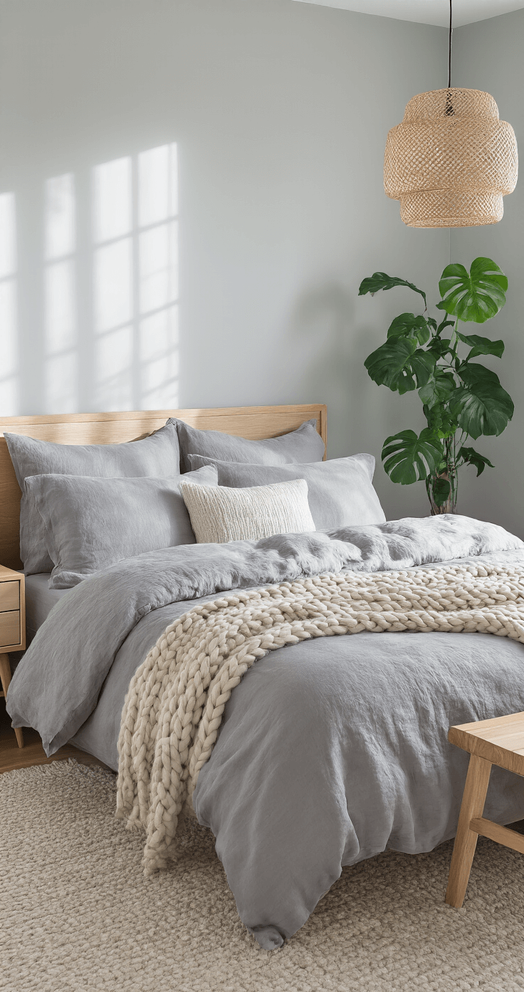 Grey Bedroom Ideas: Transform Your Space with Sophistication and Style Minimalist bedroom with dove grey walls and mixed texture bedding