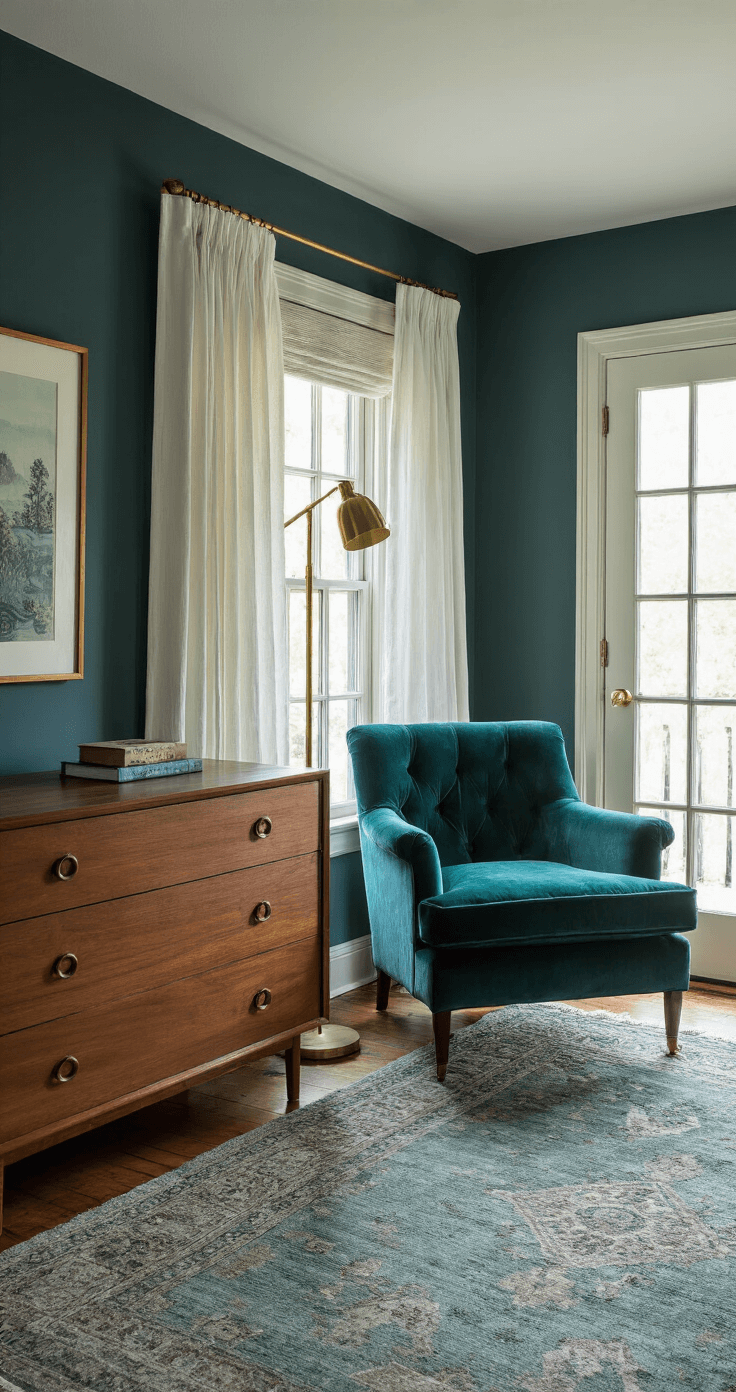 Grey Bedroom Ideas: Transform Your Space with Sophistication and Style Vintage-inspired bedroom with slate grey walls and deep teal velvet armchair