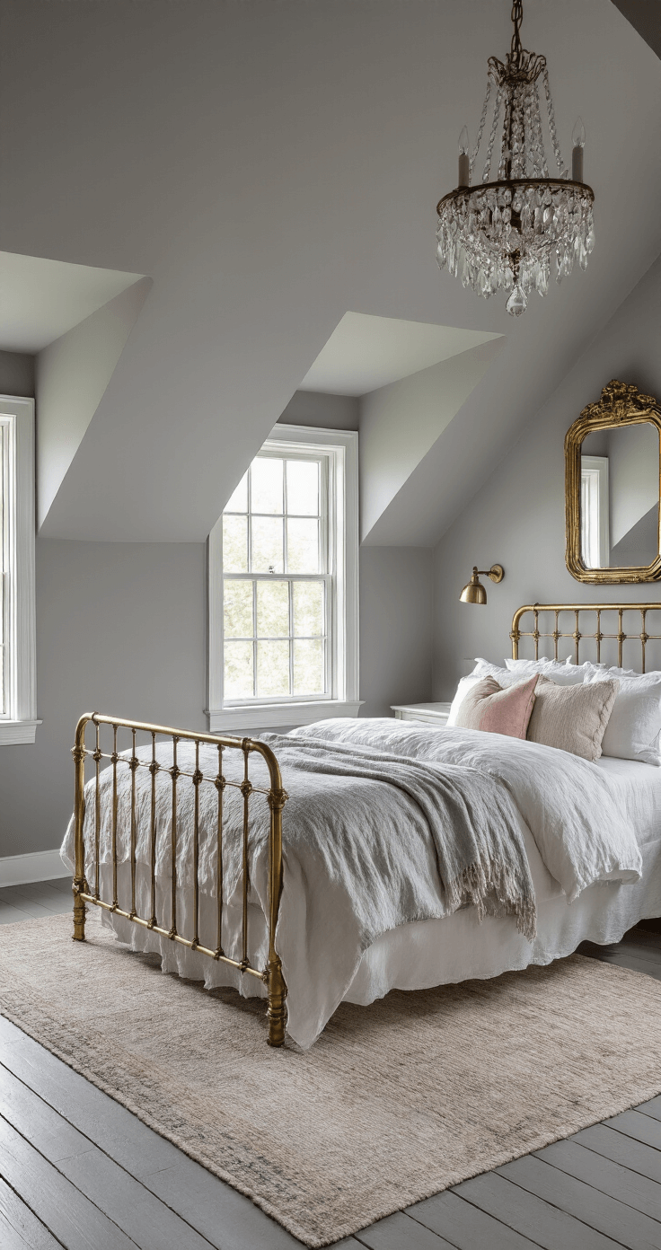 Grey Bedroom Ideas: Transform Your Space with Sophistication and Style Cozy attic bedroom with warm grey ceilings and vintage brass bed frame