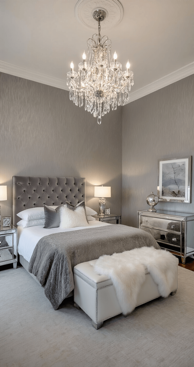 Grey Bedroom Ideas: Transform Your Space with Sophistication and Style Luxurious master bedroom with pewter silk wallpaper and tufted grey velvet bed
