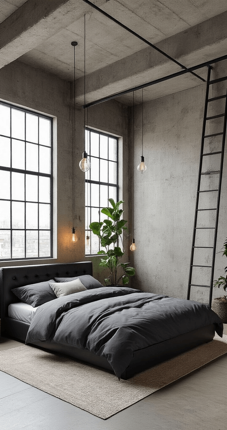 Grey Bedroom Ideas: Transform Your Space with Sophistication and Style Industrial loft bedroom with grey leather headboard and charcoal bedding
