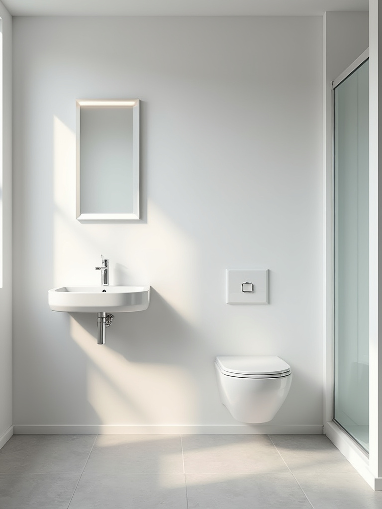 Modern small bathroom with wall-mounted corner sink maximizing space and improving traffic flow