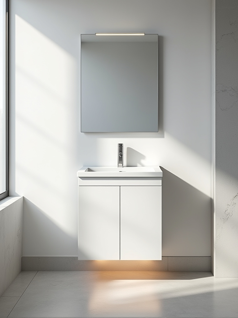 Compact short-depth vanity in a small modern bathroom with open floor space and minimalist design