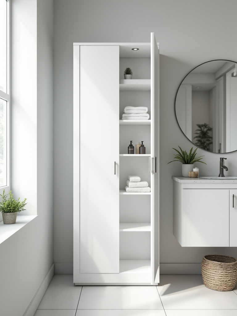 Tall narrow linen tower cabinet unit in a bright small bathroom with natural lighting and minimalist style