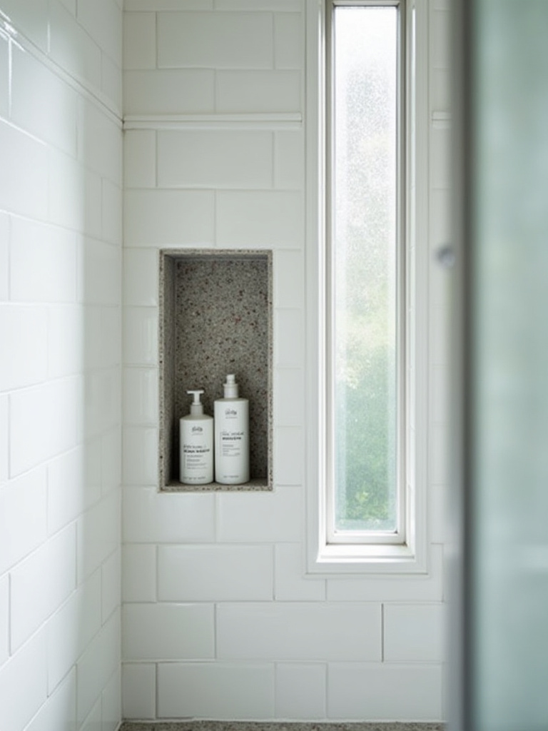 Built-in shower niche integrated into tiled shower wall in a small bathroom, showcasing a sleek and organized storage solution