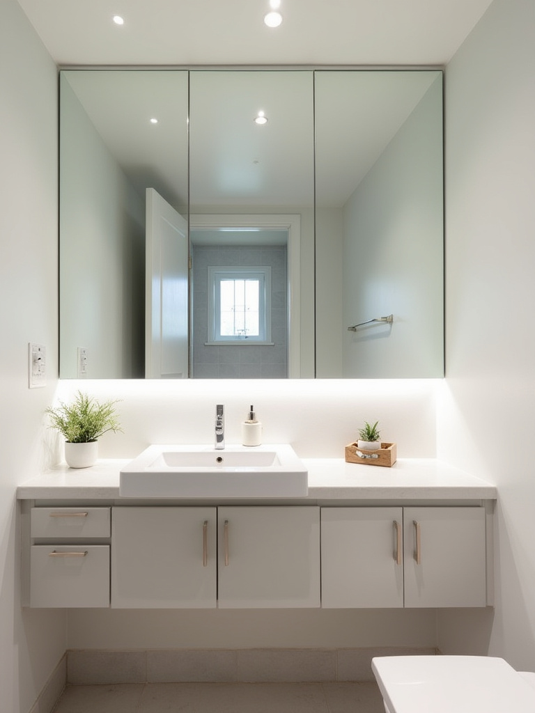 Small bathroom with oversized frameless mirror reflecting natural light to create a spacious and bright atmosphere