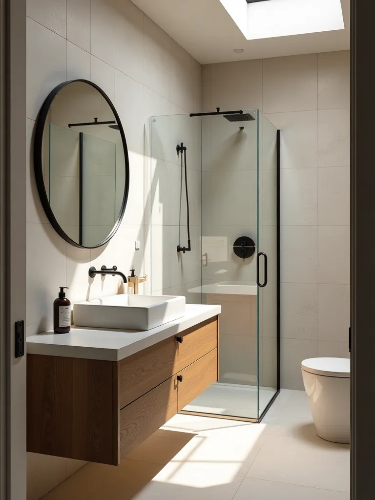 Minimalist bathroom featuring wood floating vanity with black hardware