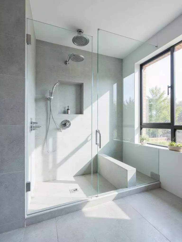 Modern bathroom with frameless glass enclosed shower allowing natural light to flood the space.