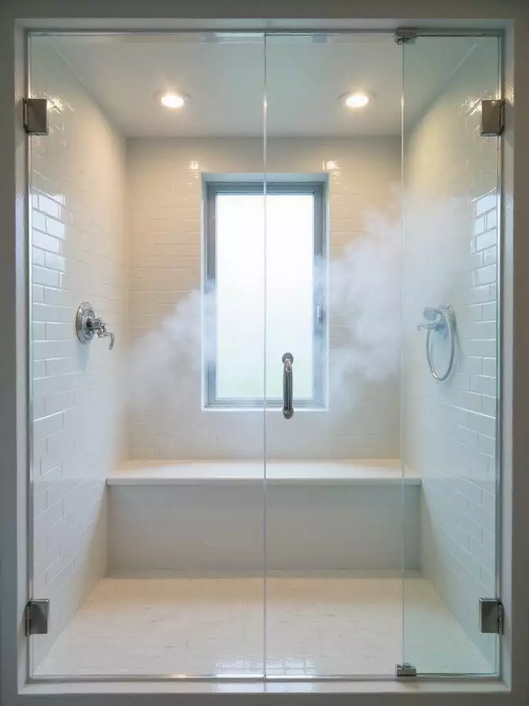 Luxurious steam shower with glass enclosure and subway tile