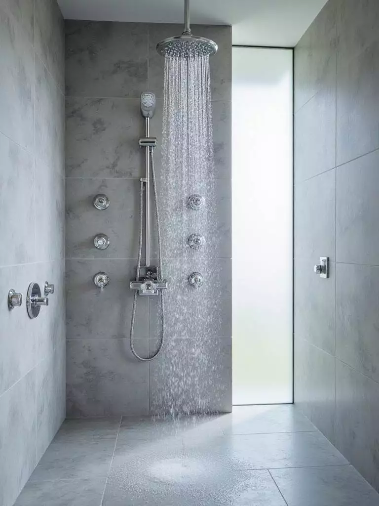 Modern shower with marble tiles and body jets providing a spa-like experience