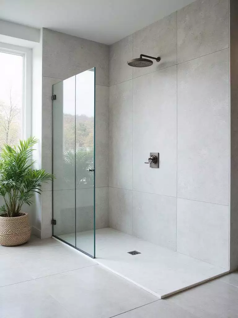 Modern curbless shower with linear drain and glass panel.