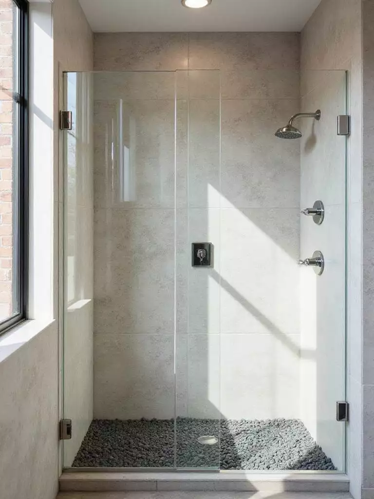 Bathroom shower with elegant travertine stone wall and pebble stone flooring