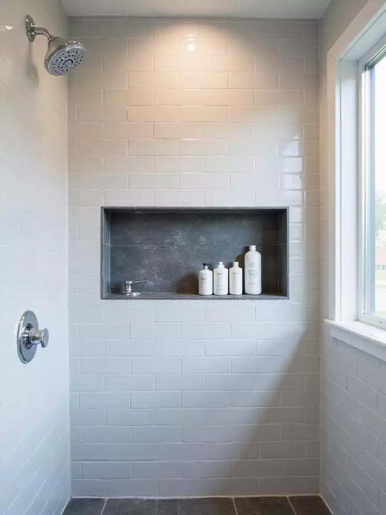 Modern bathroom shower with built-in niche storage for shower essentials