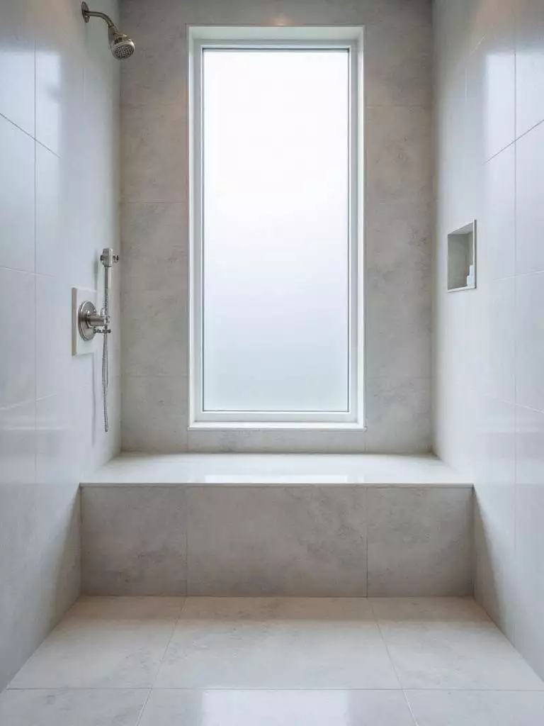 Modern bathroom shower with built-in quartz bench and light grey tile.