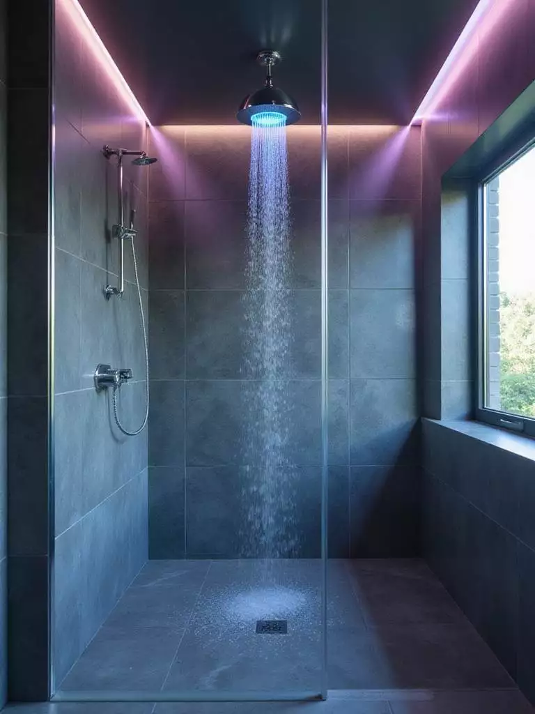 Luxurious modern shower with color-changing LED mood lighting.