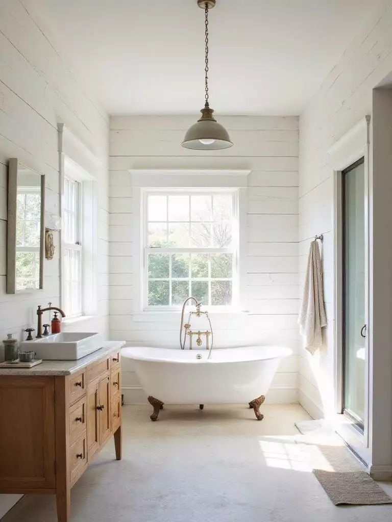 Rustic bathroom with white shiplap walls and vintage clawfoot tub
