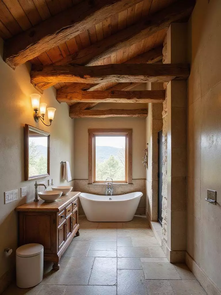 Rustic bathroom with exposed wood beams on the ceiling, freestanding tub, and stone shower.