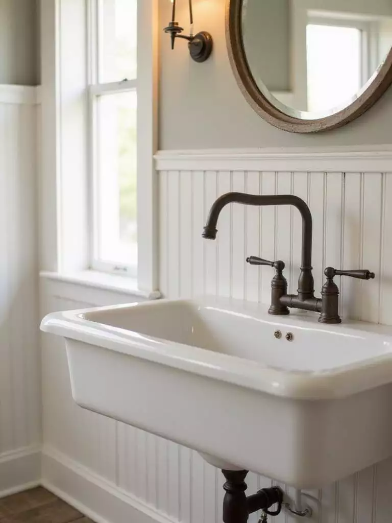 Farmhouse bathroom sink with oil-rubbed bronze gooseneck faucet