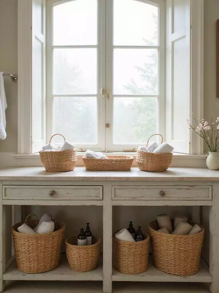 Rustic bathroom with woven baskets used for stylish and practical storage of towels and toiletries.