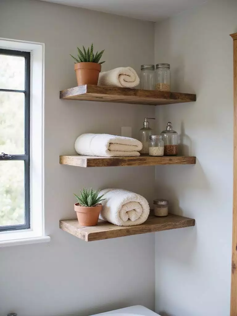 Rustic bathroom with open wood shelving displaying towels, plants, and apothecary jars